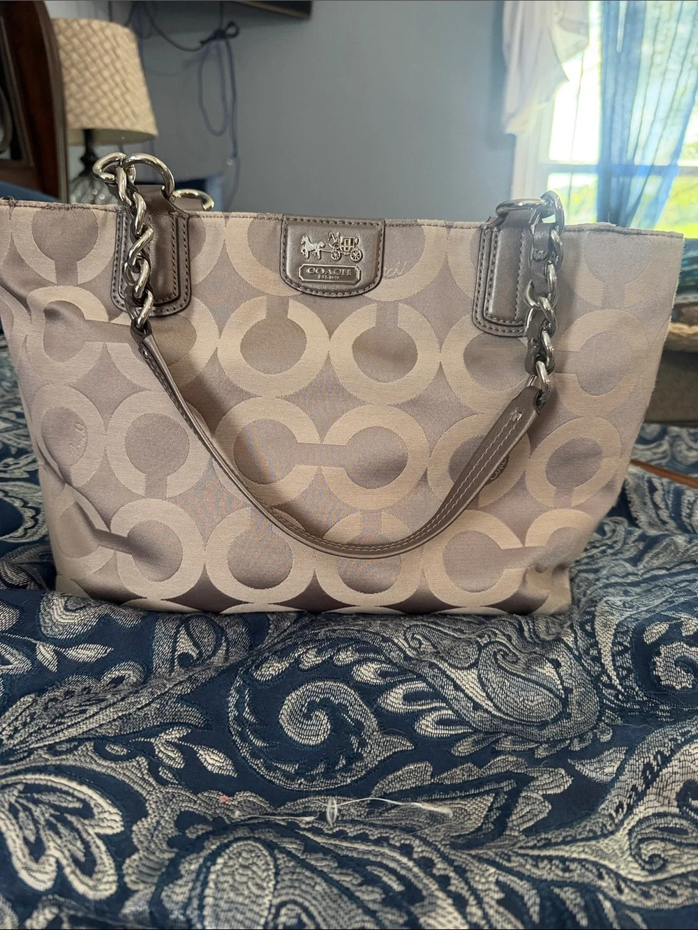 Coach Taupe and Beige Signature Chain-Handle Tote